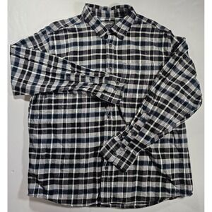 Eddie Bauer Plaid Flannel Button Up Shirt Black White Blue Long Sleeve Size XL